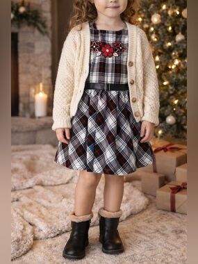 Bambini Girls Plaid Dress Red Black Embroidered Floral Size 5 Holiday Party